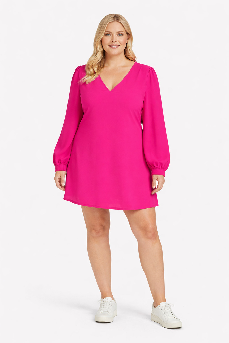 JODIFL Womens Shift Mini Dress V-Neck Long Sleeve Hot Pink Plus Size 1X NWT